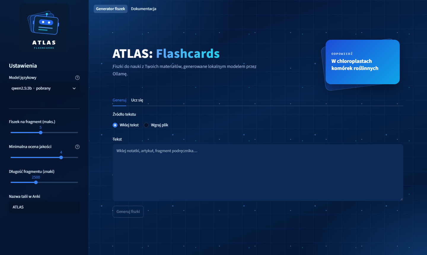 Zrzut ekranu aplikacji ATLAS Flashcards